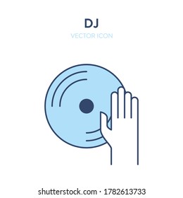 DJ icon. Vector illustration of a vinyl disc with hand on it. Vector turntable and dj hand, party and music concept in flat