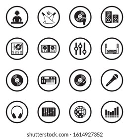 DJ Icons. Black Flat Design In Circle. Vector Illustration.