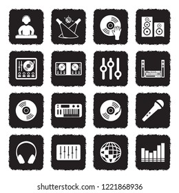 DJ Icons. Grunge Black Flat Design. Vector Illustration. 