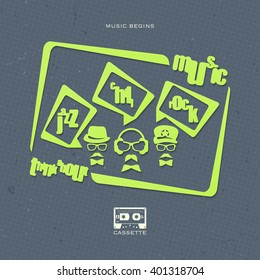 dj icons and retro cassette tape over grunge background. vector music party poster template. disco creative flyer design. club event with rock, chillout and jazz music