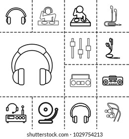 Dj icons. set of 13 editable outline dj icons such as headphones, dj, record player, earphones, listening device, adjust