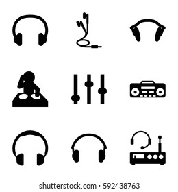 dj icons set. Set of 9 dj filled icons such as record player, earphones, headset, listening device, headphones, dj