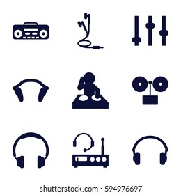 dj icons set. Set of 9 dj filled icons such as record player, earphones, listening device, headphones, dj, gramophone