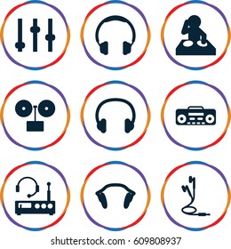 Dj icons set. set of 9 dj filled icons such as record player, earphones, headset, listening device, headphones, dj, gramophone