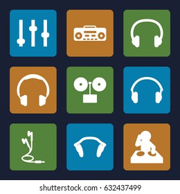 Dj icons set. set of 9 dj filled icons such as record player, earphones, headset, headphones, dj, gramophone