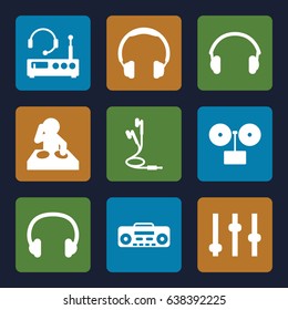 Dj icons set. set of 9 dj filled icons such as record player, earphones, headset, listening device, headphones, dj, gramophone