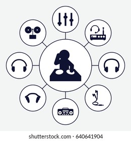 Dj icons set. set of 9 dj filled icons such as record player, earphones, headset, listening device, dj, gramophone