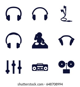 Dj icons set. set of 9 dj filled icons such as record player, earphones, headset, headphones, dj, gramophone