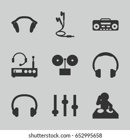 Dj icons set. set of 9 dj filled icons such as record player, earphones, headset, listening device, headphones, dj, gramophone