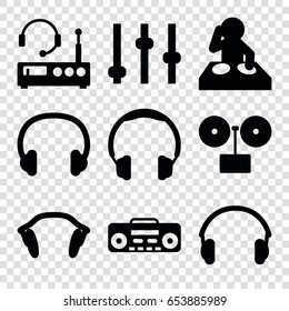 Dj icons set. set of 9 dj filled icons such as record player, earphones, headset, listening device, headphones, dj, gramophone