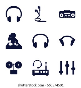 Dj icons set. set of 9 dj filled icons such as record player, earphones, headset, listening device, headphones, dj, gramophone