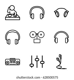 Dj icons set. set of 9 dj outline icons such as record player, earphones, headset, adjust, gramophone, headphones