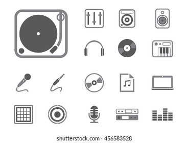 Dj icons set black and white flat design