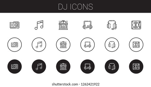 dj icons set. Collection of dj with voice recorder, music, night club, headphones. Editable and scalable dj icons.