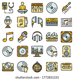 Dj icons set. Outline set of dj vector icons thin line color flat on white