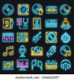Dj icons set. Outline set of dj vector icons neon color on white