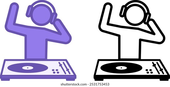 Ícones do DJ. Ilustrações Vetoriais De DJ Dançando. DJ Em Fones De Ouvido Tocando No Mixer De DJ. Conceito de Música
