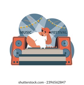 DJ immersed in the rhythm, spinning tunes at a Music Festival. Massive speakers amplify the beats, setting the mood for an unforgettable night. Flat vector illustration.