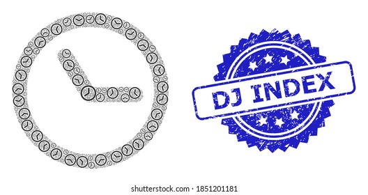 Dj Index textured stamp and vector recursive mosaic clock. Blue stamp seal includes Dj Index title inside rosette. Vector mosaic is made with recursive rotated clock icons.
