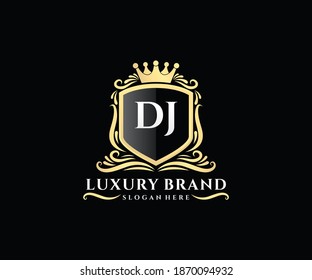 DJ Initial Letter Gold calligraphic feminine floral hand drawn heraldic monogram antique vintage style luxury logo design.