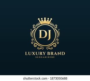DJ Initial Letter Gold calligraphic feminine floral hand drawn heraldic monogram antique vintage style luxury logo design.