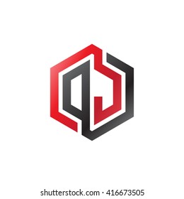 DJ initial letters loop linked hexagon logo black red