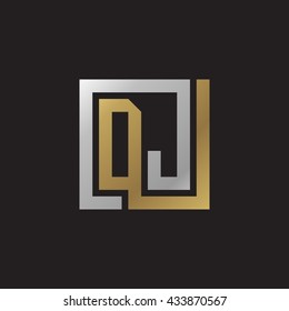 DJ initial letters looping linked square elegant logo golden silver black background