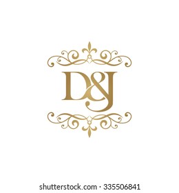 Logo inicial de D&J. Logo adorno ampersante y monogramo dorado