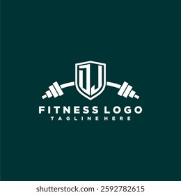 DJ initial monogram for fitnes or gym logo with creative shield and barbell design