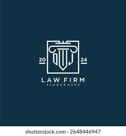 logo inicial do monograma de DJ para escritório de advocacia com design de pilares em quadrado criativo