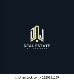 DJ initial monogram logo for real estate with home shape creative design
