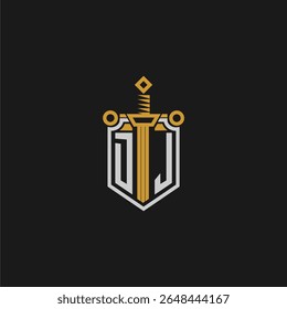 DJ initial monogram for shield and sword style image