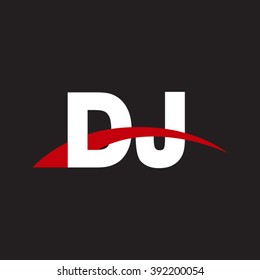 DJ initial overlapping swoosh letter logo white red black background
