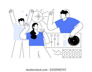 DJ ilustrações isoladas do vetor de desenhos animados. DJ profissional em fones de ouvido misturando música em boate, negócio de entretenimento, grupo de pessoas diversas dançando, pegar o ritmo vetor cartoon.