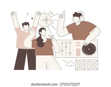 DJ ilustrações isoladas do vetor de desenhos animados. DJ profissional em fones de ouvido misturando música em boate, negócio de entretenimento, grupo de pessoas diversas dançando, pegar o ritmo vetor cartoon.