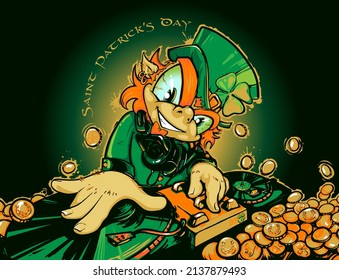 DJ Leprechaun and coins with clover and horseshoes