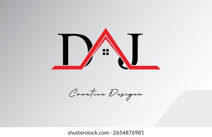Logotipo de DJ Letter House: monograma inmobiliario creativo con icono de techo y forma de hogar para propiedades, arquitectura y marca moderna
