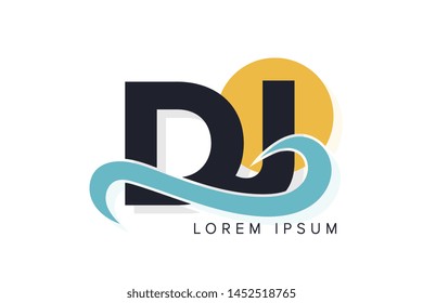 DJ letter logo with ocean waves and sunset. Beach concept design