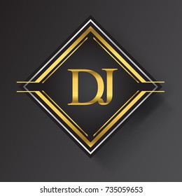 DJ Letter logo in a square shape gold and silver colored geometric ornaments. Vector design template elements for your business or company identity.