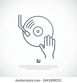 Dj line icon. Outline vector illustration of DJ spins record.