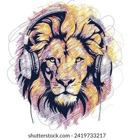 DJ Lion wearing headphone child scribble colorful lion mascot vector t shirt design.