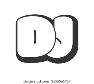 DJ logo, bubble comic lettering, rounded in graffiti style black and white silhouette. Trendy preschool D and J letter text for festival party. Vector illustration.