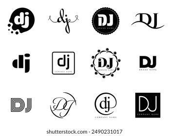 DJ logo company template. Letter d and j logotype. Set different classic serif lettering and modern bold text with design elements. Initial font typography. Collection trendy business identity.