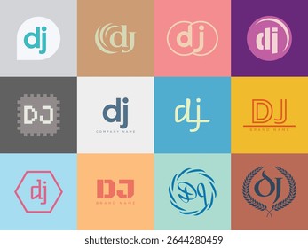 Modelo da empresa de logotipo DJ. Letra d e logotipo j. Defina diferentes letras serifas clássicas e texto em negrito moderno com elementos de design. Tipografia inicial da fonte. Coleção de identidade de negócios na moda.