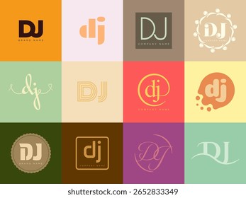 Modelo da empresa de logotipo DJ. Letra d e logotipo j. Defina diferentes letras serifas clássicas e texto em negrito moderno com elementos de design. Tipografia inicial da fonte. Coleção de identidade de negócios na moda.