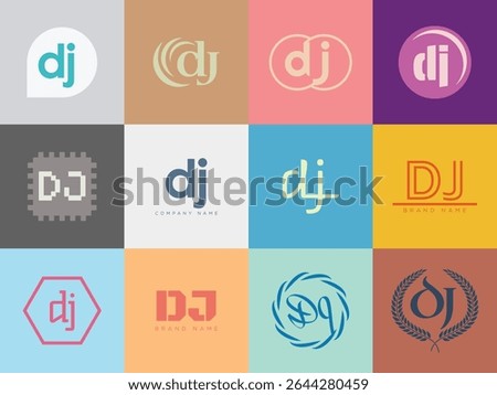 DJ logo company template. Letter d and j logotype. Set different classic serif lettering and modern bold text with design elements. Initial font typography. Collection trendy business identity.