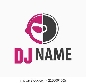 Dj Logo Design. Creative vector logo design with headphones and DJ with glasses. Music logotype template. For accessory, brand, identity, logotype, company, shop, dj party. Black background. Mp3 sign.