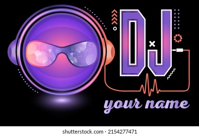 Dj Logo Design. Creative vector logo design with headphones and DJ with glasses. Music logotype template. Mp3 sign.