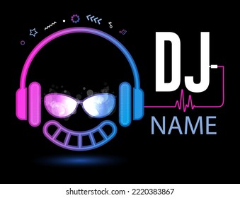 Dj Logo Design. Creative vector logo design with headphones and DJ with glasses. Music logotype template. For accessory, brand, identity, logotype, company, shop, dj party. Black background. Mp3 sign.