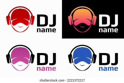 Dj Logo Design. Creative vector logo design with headphones and DJ with glasses. Music logotype template. For accessory, brand, identity, logotype, company, shop, dj party. Black background. Mp3 sign.